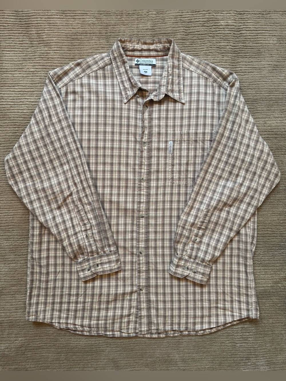 Columbia Men’s Plaid Long Sleeve Button-Up Shirt Pocket Camping XXL Beige/Brown